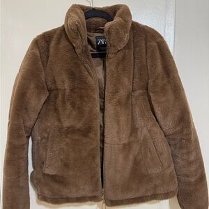 Zara Chocolate Faux Fur Coat - Small